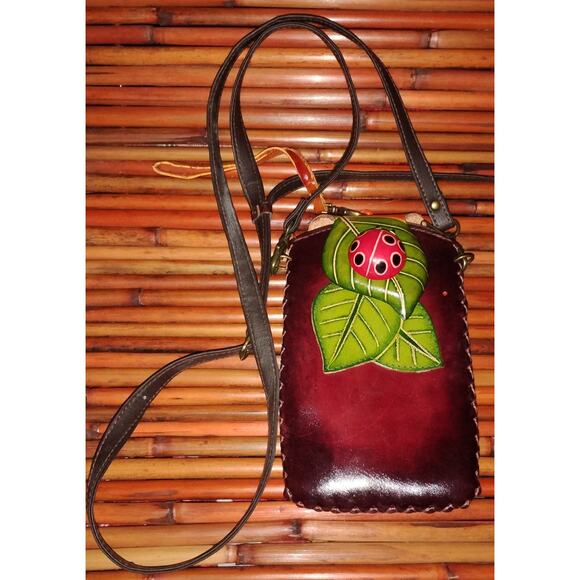 no brand Handbags - Vintage Handmade Leather Ladybug Crossbody Bag Boho Folk Art Purse